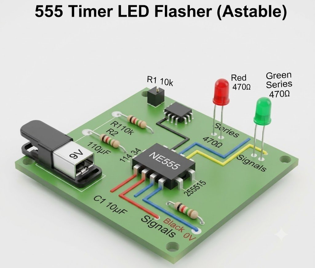 555 Timer Astable Oscillator: Build an LED Flasher